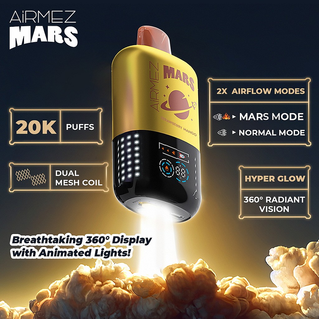 Yellow and black AiRMEZ Mars disposable vape device depicted like a rocket launching above glowing clouds, surrounded by labels highlighting 20K puffs, dual mesh coil, two airflow modes and a 360° animated light display.