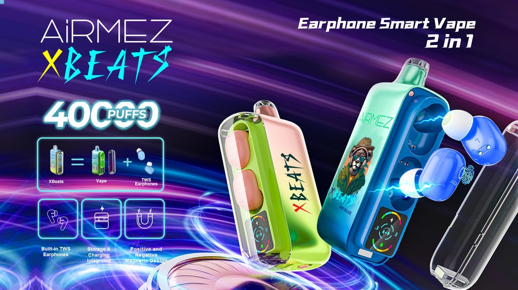 Colourful advertisement showing AIRMEZ XBEATS 2-in-1 earphone–smart vape devices—green-pink and blue models with built-in wireless earbuds and charging slots—against a purple swirling background with bold '4000 PUFFS' text.