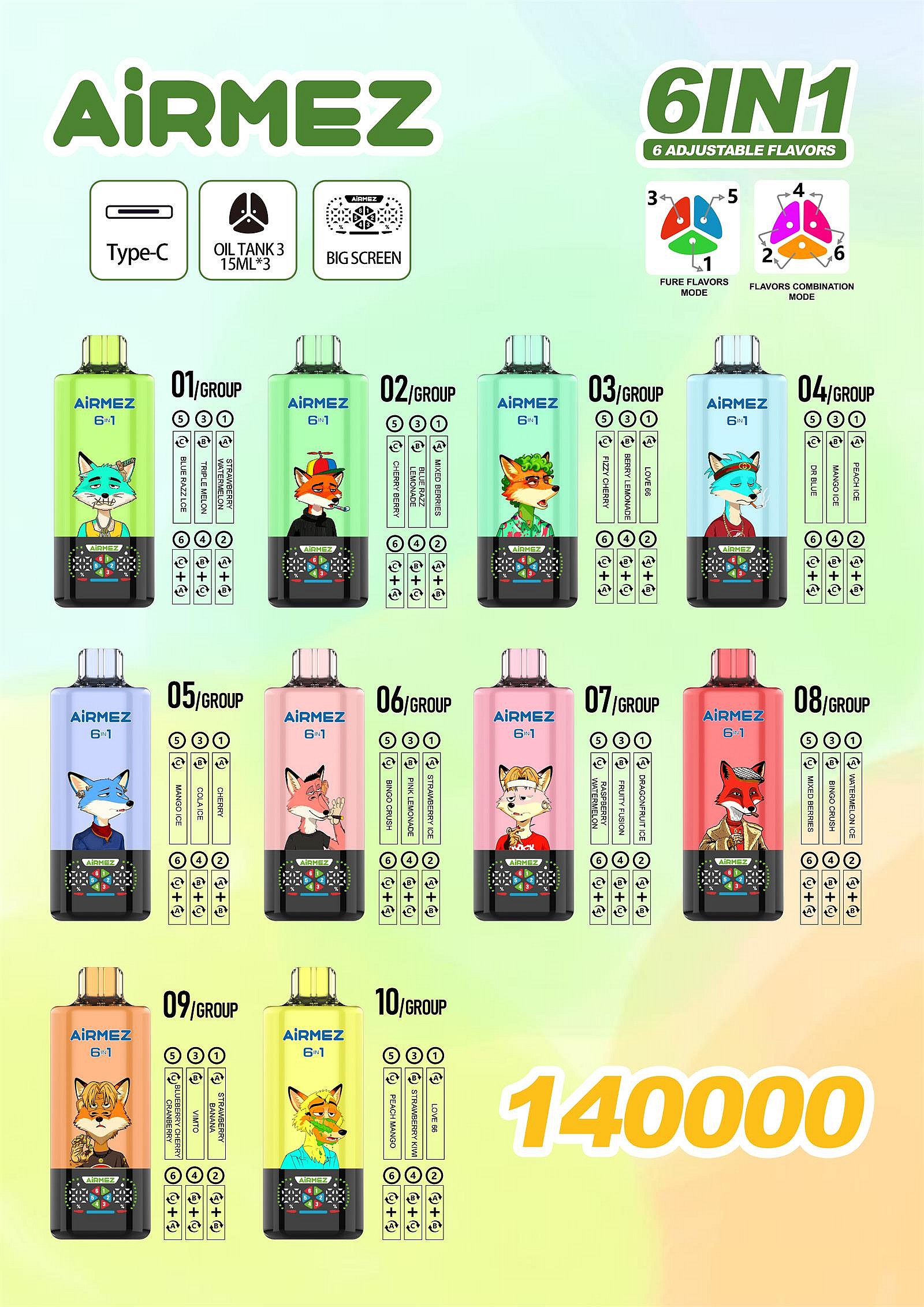 airmez 140000 puffs original airmez 6in1 140k 6 flavors in 1 vape led display type c port disposable e cigarettes customizable. fast shipping