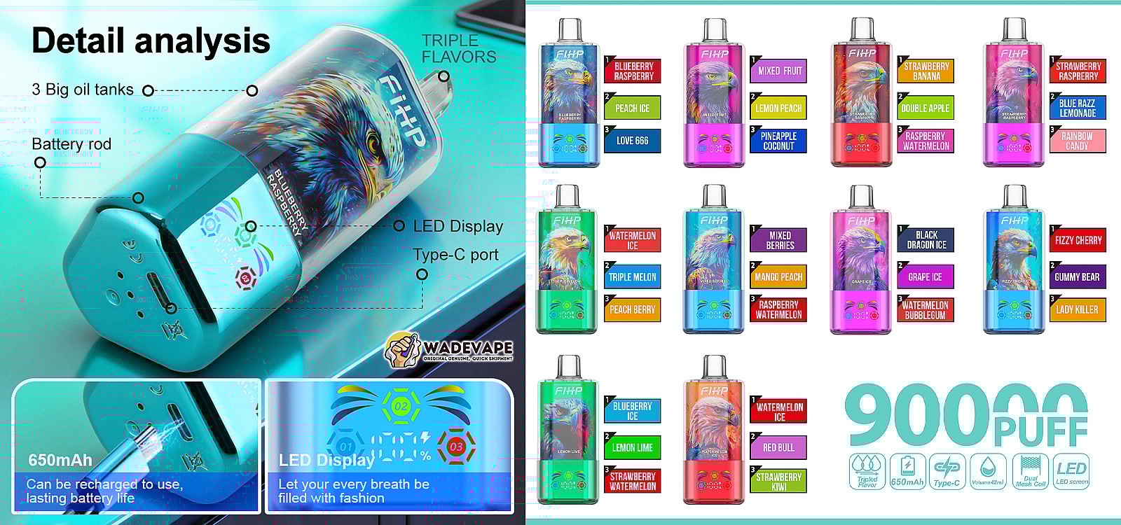 fihp 90000 puffs original fihp 3in1 90k 3 flavors in 1 vape led display type c port disposable e cigarettes customizable. fast shipping
