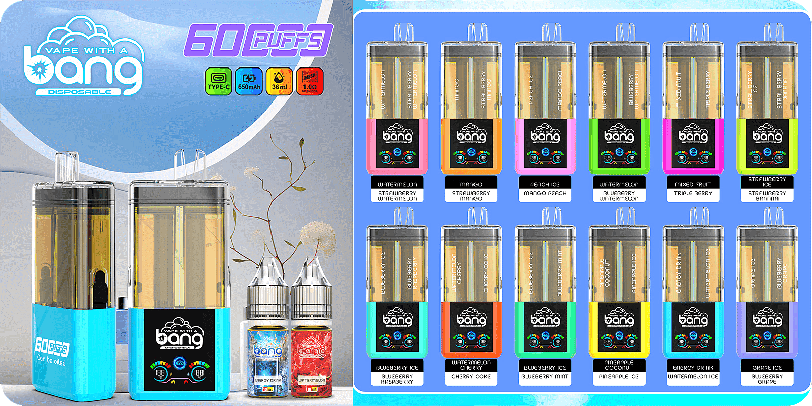 bang 60000 puffs original bang 2in1 60k can be filled with e liquid vape led display disposable e cigarettes customizable. fast shipping