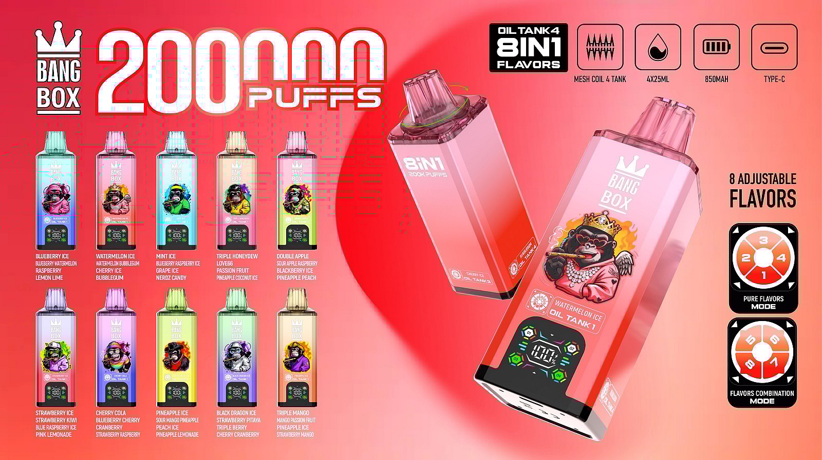 bang box 200000 puffs original bang box 8in1 200k vape led display type c port disposable e cigarettes customizable fast shipping