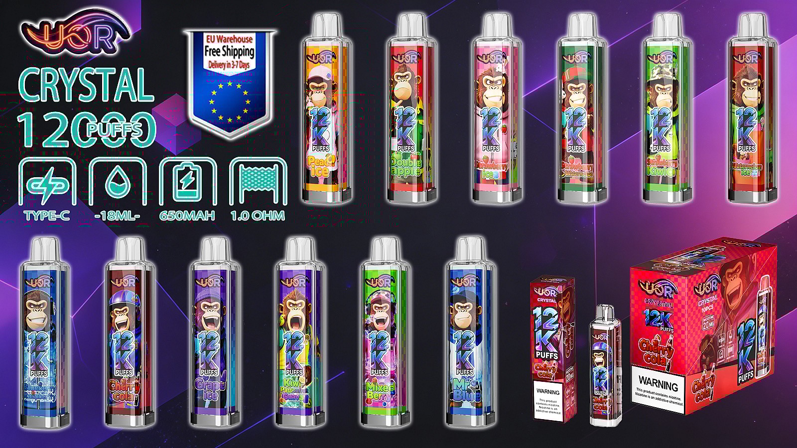 uor crystal 12000 puffs original uor crystal 12k vape cool rainbow lights disposable vape shipping from eu warehouse free shipping