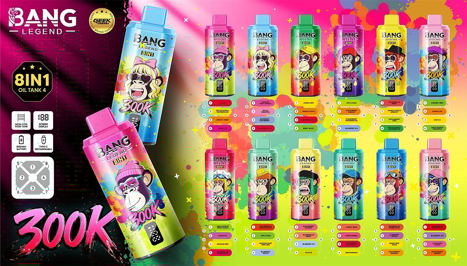 bang legend 300000 puffs original bang legend 8in1 300k vape led display type c port disposable e cigarettes customizable fast shipping