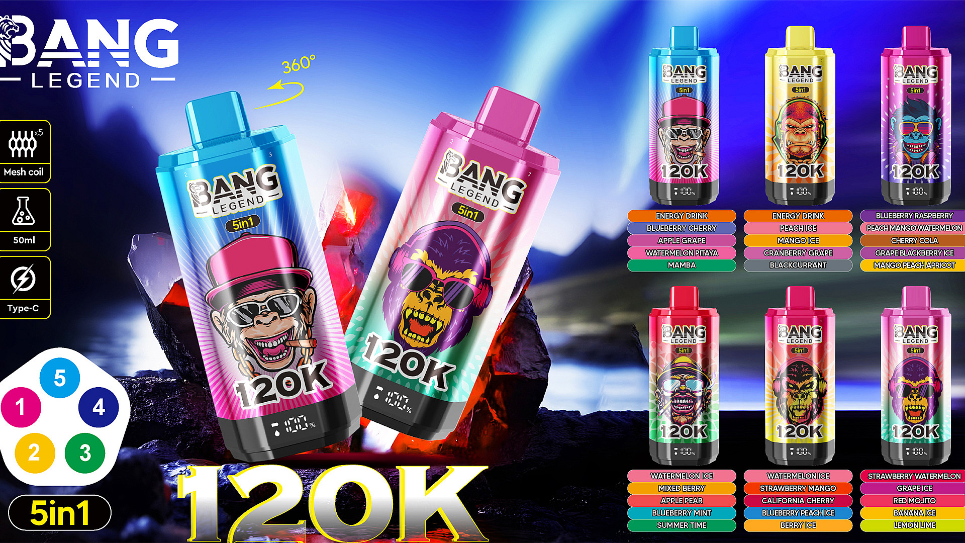 Two oversized, brightly coloured Bang Legend 120K vape devices with stylised ape illustrations and digital readouts lean against glowing crystals on a dark rocky foreground, surrounded by smaller product variant images, flavour lists and icons indicating mesh coil, 50ml, Type‑C and 5‑in‑1 options.