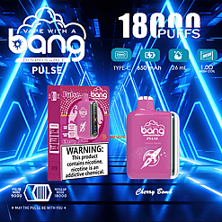 Pink Bang Pulse disposable vape and matching Cherry Bomb box displayed on a blue neon geometric background, with large '18000 puffs' text, icons for Type‑C, 650 mAh, 26 mL and 1.0Ω mesh coil, and a prominent nicotine warning label on the packaging.