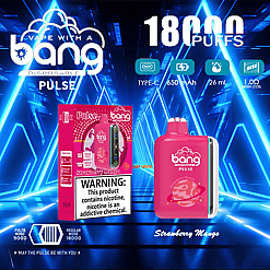 Promotional neon-blue graphic showing a pink Bang Pulse disposable vape and its Strawberry Mango box with a prominent nicotine warning, advertising 18,000 puffs and icons for Type‑C charging, 650 mAh battery, 26 mL e‑liquid and 1.0Ω mesh coil.