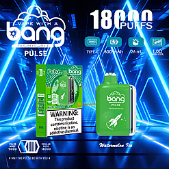 Green Bang Pulse disposable vape device and matching Watermelon Ice packaging displayed against a neon-blue geometric background, showing '18,000 puffs', icons for Type-C, 650 mAh, 26 mL and 1.0Ω mesh coil, and a nicotine warning label on the box.