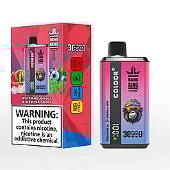 Colourful boxed disposable vape and matching device side by side, both in a pink-to-purple gradient labelled BANG KING COLOOR and 30,000 puffs, showing flavour text Watermelon Ice Blueberry Mint, a stylised monkey wearing sunglasses, and a prominent nicotine warning on the box.