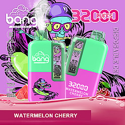 Colourful promotional image of two green-and-pink Bang disposable vape devices labelled Watermelon Cherry with a digital display and a prominent 