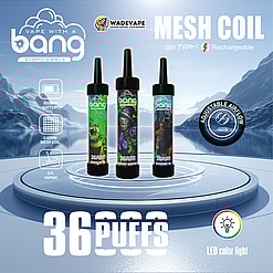 Three disposable 'Bang' vape devices with colourful flavour artwork stand on a circular platform against a misty mountain-lake background, accompanied by bold text reading 36 puffs and Mesh Coil and icons indicating adjustable airflow, LED colour light, 650mAh battery, 0.6Ω mesh coil and Type‑C rechargeable.