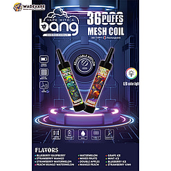 Packaging for Bang disposable vape showing two illustrated vape pens on a neon futuristic stage with prominent '36 puffs' and 'mesh coil' text, adjustable airflow and LED colour light icons, and a flavours list including blueberry raspberry, strawberry mango, watermelon and more.
