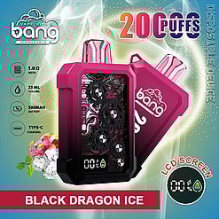 Promotional image of two magenta disposable Bang vape devices with transparent mouthpieces and a visible gear-patterned front panel, accompanied by icons listing 1.0Ω mesh, 25ml volume, 500mAh battery and Type‑C charging, a small LCD showing 00% and a droplet icon, fruit and ice suggesting the Black Dragon Ice flavour, and large '20 PUFFS' text.