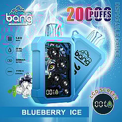 Bright blue Bang disposable vape device shown twice on a frosty background with blueberries and ice cubes, featuring a gears-themed front panel and small LCD readout and marketing text 'Blueberry Ice' and '20,000 puffs', plus icons noting 1.0Ω mesh, 25 ml volume, 500 mAh battery and Type‑C charging.