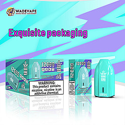 Turquoise and purple retail display showing two Bang King vape boxes and a matching disposable device on a reflective surface, with a large 'Exquisite packaging' headline above, a visible nicotine warning label on the box and the WadeVape logo in the corner