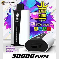 Two black-and-white Bang King 30K Pro disposable vape devices shown against a colourful purple-blue crowned mascot and bold text advertising 30,000 puffs with icons for Type-C, 850mAh battery and 36ml e-liquid.