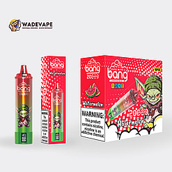 Two red-and-green watermelon-themed disposable vape items — a single cylinder device and its slim retail box on the left and a larger multi-pack display box on the right — branded 