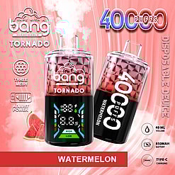 Two pink-red Bang Tornado disposable vape devices with faceted tops, one showing a digital power/level display; labels read 4000 puffs and Watermelon, set against a pink swirled background with a watermelon slice and icons for three-mesh, adjustable power, 40 ml, 850 mAh battery and Type‑C charging.