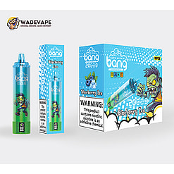 Bright blue-green disposable vape device and matching boxes labelled 'Bang' and 'Blueberry Ice' with cartoon green zombie artwork, blueberry graphics, '20 puffs' branding, a prominent nicotine warning panel and a WadeVape logo in the top-left.