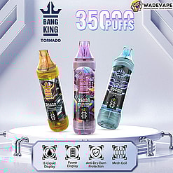 Three colourful Bang King Tornado disposable vape devices (yellow Peach Ice, purple-pink Love 66, and blue Blueberry Ice) standing on a white display platform under large “3500 puffs” text, with feature icons for e-liquid display, power display, anti-dry-burn protection and mesh coil and a WADEVAPE logo in the corner.