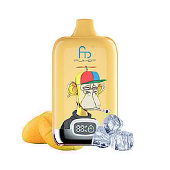 Glossy yellow vape device illustrated with a bored cartoon monkey wearing a multicoloured propeller cap and a cigarette in its mouth, a small digital battery readout at the base, shown alongside mango slices and ice cubes.