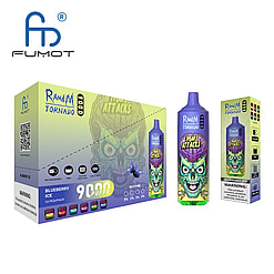 Packaging and two disposable vape devices branded FUMOT 'RandM Tornado' showing a purple bottle-shaped device and boxed pack decorated with a green alien/monster face and 'Mars Attacks' artwork, labelled Blueberry Ice and 90000 puffs.
