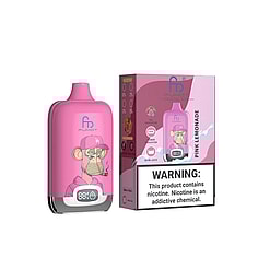 Pink handheld vape device with a cartoon smoking ape and a small digital display, shown beside a matching pink retail box labelled 