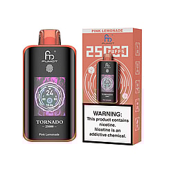 Tornado 25000 disposable vape by Fumot in coral and black with a circular digital display reading 24W and labeled Pink Lemonade, shown beside its matching coral box marked 25,000 puffs and a prominent nicotine warning label.