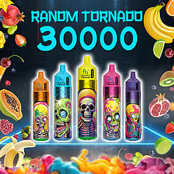 Five brightly coloured disposable vape devices with neon skull and skeleton artwork displayed in a row under glowing text 'RANDOM TORNADO 30000', set against a dark background with scattered tropical fruit illustrations like bananas, pomegranate, kiwi, papaya and strawberries on a glowing neon platform.