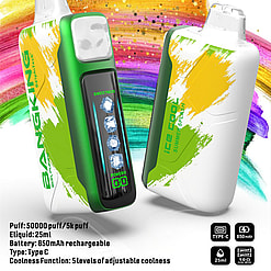Poster-style image of two green-and-white BangKing “Ice Cool” disposable vape devices against a colourful brushstroke background, one front-facing with a display showing ice-cube icons for 5 adjustable coolness levels and copy noting 50K puffs, 25ml e-liquid and an 850mAh rechargeable battery.