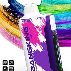 Colourful advert for a BangKing “ice cool” disposable vape device showing a white and purple pod with pink brushstroke graphics, highlighting 50K puffs, 25ml e-liquid, 850mAh Type‑C rechargeable battery and five levels of adjustable coolness with ice‑cube icons.