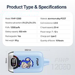 fihp digital 12000 puffs original genuine disposable vape type c charging port fihp 12k customizable fast shipping