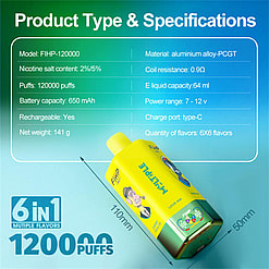 fihp multi 120000 puffs 6in1 flavors original genuine six flavors disposable vape type c charging port fihp 120k customizable fast shipping