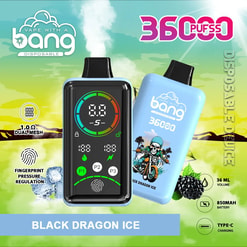 Colourful promotional image showing two Bang disposable vape devices — a black model with a circular digital display and a pale blue model labelled Black Dragon Ice with a motorcycle illustration, surrounded by icons and text highlighting features such as 360 puffs, 1.0Ω dual mesh, fingerprint pressure regulation, 36 ml volume, 850mAh battery and Type‑C charging, with blackberries and ice cubes as flavour imagery.