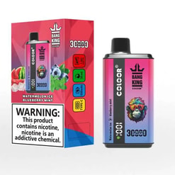 Colourful boxed disposable vape and matching device side by side, both in a pink-to-purple gradient labelled BANG KING COLOOR and 30,000 puffs, showing flavour text Watermelon Ice Blueberry Mint, a stylised monkey wearing sunglasses, and a prominent nicotine warning on the box.