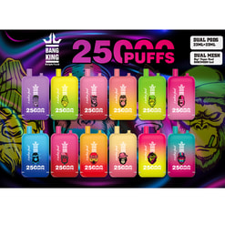 Heldere advertentie met twaalf kleurrijke Bang King wegwerp-vape-pods met cartoon-aaplogo's, gerangschikt in twee rijen onder een grote kop '25.000 PUFFS' op een neonachtergrond met gestileerde aapgezichten en toelichtingen met de tekst 'Dual Pods' en 'Dual Mesh'.