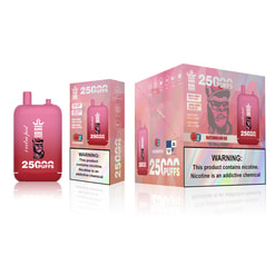 Pink rectangular disposable vape device beside two matching pink-gradient boxes labelled 25,000 puffs with a Watermelon Ice flavour tag and a prominent nicotine warning on the packaging.