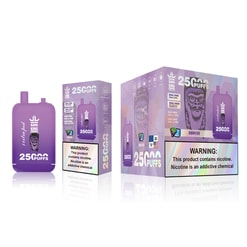 Three purple disposable vape devices and matching boxes labelled 