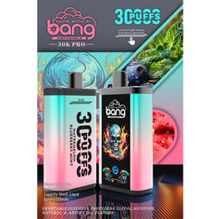 Branded poster showing two gradient turquoise-to-pink disposable vape devices labelled Bang 30K Pro/30,000 puffs, one with a flaming skull graphic and the other listing 'Watermelon Blueberry Mint', set against images of watermelon, blueberries and mint.