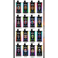 Grid of twenty Bang disposable vape devices with black fronts, neon gradient sides and distinctive skull-themed artwork, each shown with its individual flavour name beneath.