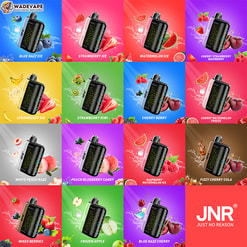 Colourful 4x4 grid of 16 JNR disposable vape advertisements, each panel showing a black vape device with vivid fruit-splash imagery and flavour names (various berry, fruit and cola flavours) against bright backgrounds, with the JNR logo and 'Just No Reason' tagline.
