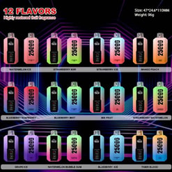 Twelve gradient-coloured disposable vape devices arranged in three rows under the headline '12 FLAVORS', each with a small mouthpiece and black front panel showing icons and flavour labels like Watermelon Ice, Strawberry, Mango Peach, Blueberry Mint and Grape Ice, set against a neon geometric background.