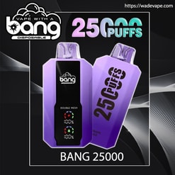 Twee paarse Bang-vape-apparaten voor eenmalig gebruik tegen een donkere, golvende achtergrond, één aan de voorkant met een zwart display met de tekst "double mesh" en batterijpictogrammen en de andere schuin geplaatst om grote "25 Puffs"-tekst en het BANG 25000-logo weer te geven.