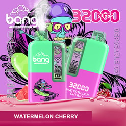 Colourful promotional image of two green-and-pink Bang disposable vape devices labelled Watermelon Cherry with a digital display and a prominent