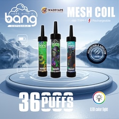 Three disposable 'Bang' vape devices with colourful flavour artwork stand on a circular platform against a misty mountain-lake background, accompanied by bold text reading 36 puffs and Mesh Coil and icons indicating adjustable airflow, LED colour light, 650mAh battery, 0.6Ω mesh coil and Type‑C rechargeable.