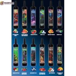 Twaalf kleurrijke wegwerp 'Bang' vape-pennen met geïllustreerde labels in fantasiestijl en smaakpictogrammen (aardbei-kiwi, perzik-mango-watermeloen, gemengd fruit, mint-ijs, mango-perzik, druiven-ijs, dubbele appels, bosbessen-frambozen, bosbessen-ijs, aardbei-watermeloen, watermeloen, aardbei-mango) gerangschikt in twee rijen tegen een blauwe achtergrond met kleurverloop, elk gemarkeerd met '36 puffs' en vergezeld van een WadeVape-logo in de linkerbovenhoek.