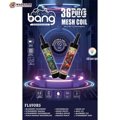Packaging for Bang disposable vape showing two illustrated vape pens on a neon futuristic stage with prominent '36 puffs' and 'mesh coil' text, adjustable airflow and LED colour light icons, and a flavours list including blueberry raspberry, strawberry mango, watermelon and more.