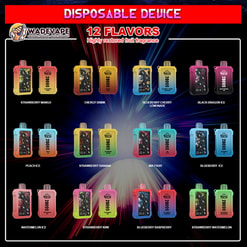 Kleurrijke promotieposter voor WADEVAPE met een raster van 12 wegwerp-vape-apparaten met labels met smaken - Strawberry Mango, Energy Drink, Blueberry Cherry Lemonade, Black Dragon Ice, Peach Ice, Strawberry Banana, Mix Fruit, Blueberry Ice, Watermelon Ice, Strawberry Kiwi, Blueberry Raspberry en Strawberry Watermelon - met een vetgedrukte koptekst met de tekst DISPOSABLE DEVICE en 12 FLAVORS op een stralende starburst-achtergrond.