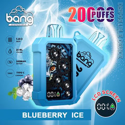 Bright blue Bang disposable vape device shown twice on a frosty background with blueberries and ice cubes, featuring a gears-themed front panel and small LCD readout and marketing text 'Blueberry Ice' and '20,000 puffs', plus icons noting 1.0Ω mesh, 25 ml volume, 500 mAh battery and Type‑C charging.