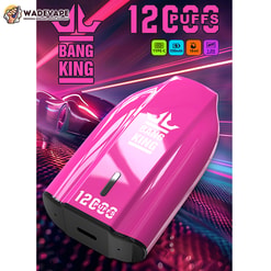 Glossy hot-pink disposable vape device with BANG KING logo and '12 CUFFS' printed on it, featuring a black mouthpiece and shown against a neon-lit racing background with a sports car and motion light streaks